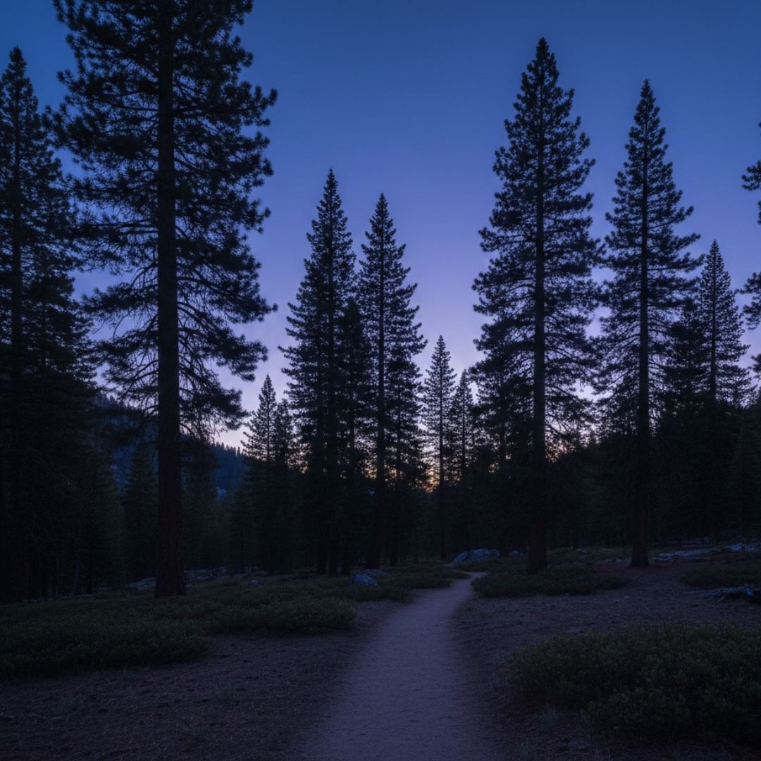 The deep blue and purple hues of twilight settling over a quiet dirt hiking trail in the High Sierras.